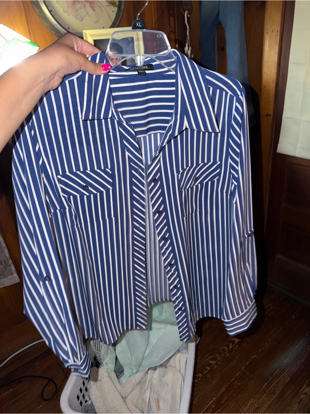 Women's Navy and White Vertical Stripe Button-Down Shirt